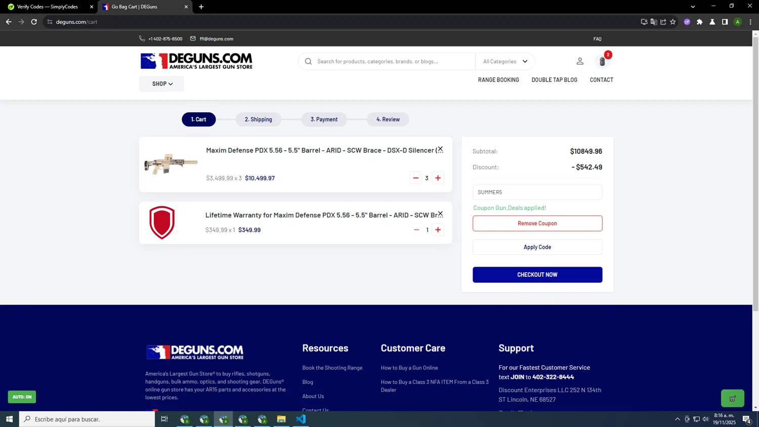 DE Guns promo code screenshot showing code SUMMER5 applied at DE Guns checkout page. Uploaded by SimplyCodes community member usercode1234 on Nov 19, 2025