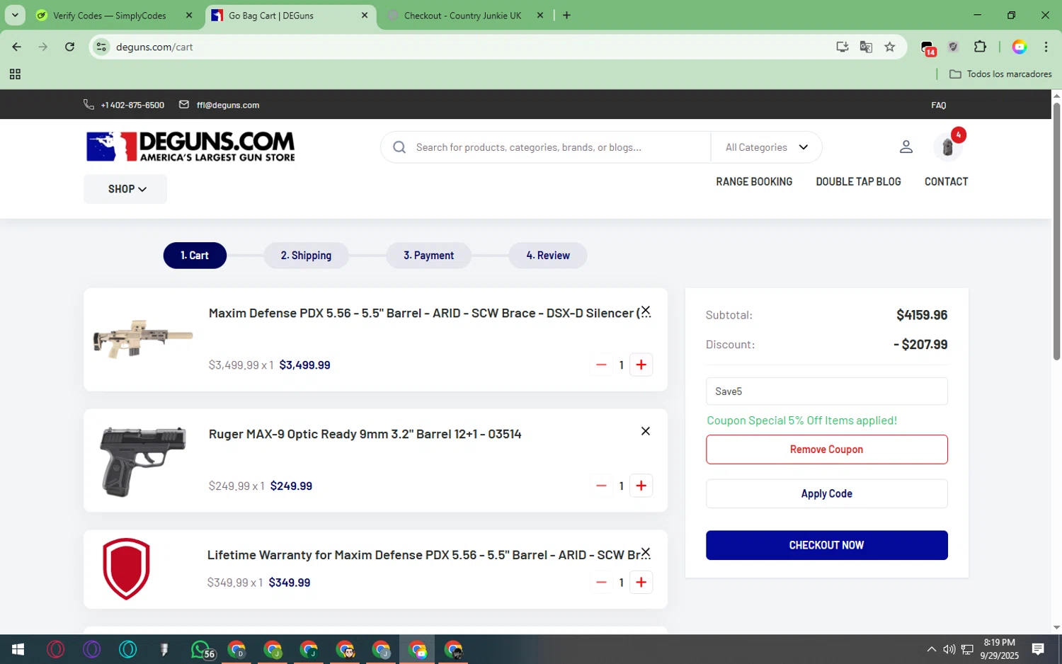 DE Guns promo code screenshot showing code Save5 applied at DE Guns checkout page. Uploaded by SimplyCodes community member EpicTiger3556 on Sep 30, 2025