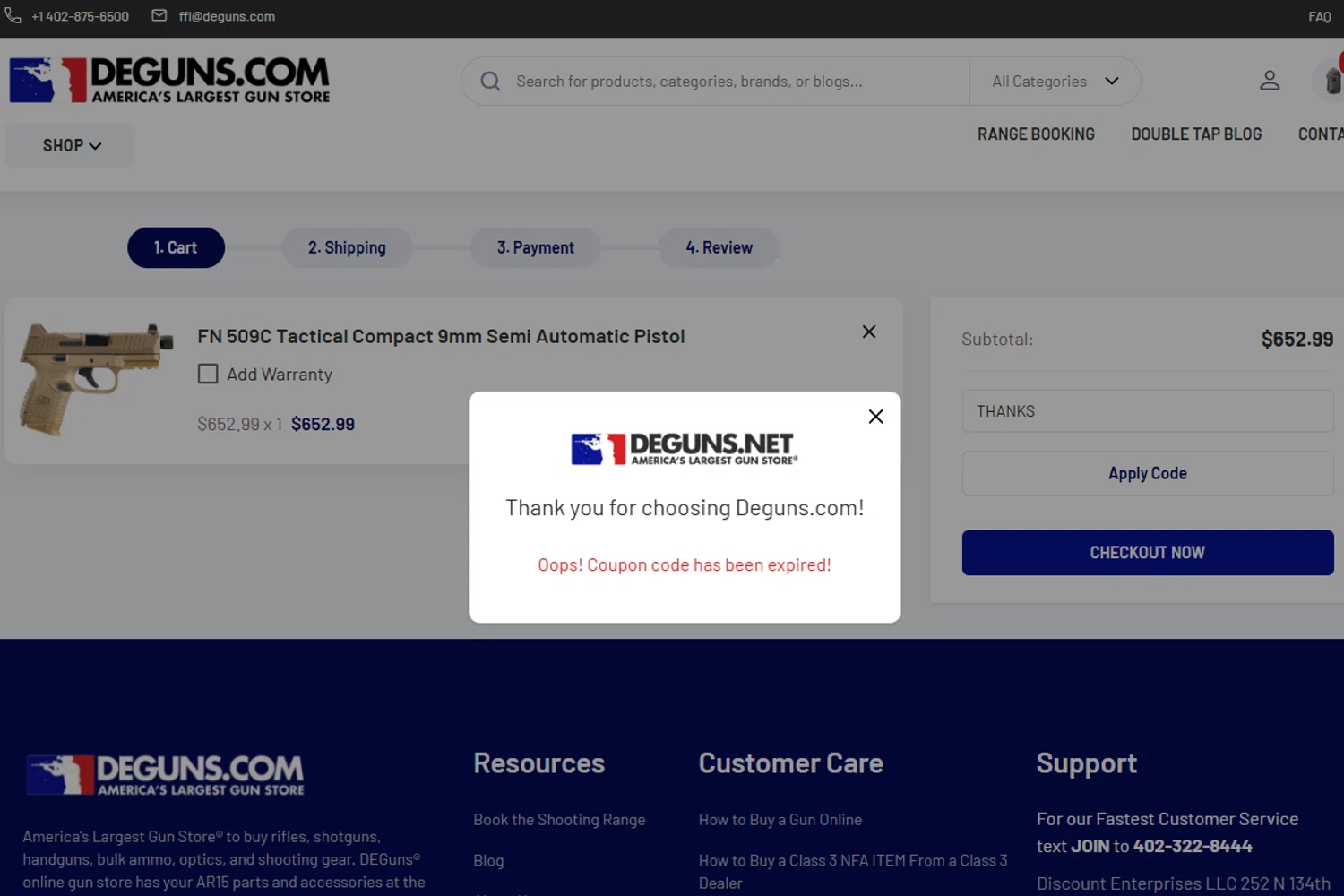 DE Guns promo code screenshot showing code THANKS applied at DE Guns checkout page. Uploaded by SimplyCodes community member Loratadina on Dec 12, 2025
