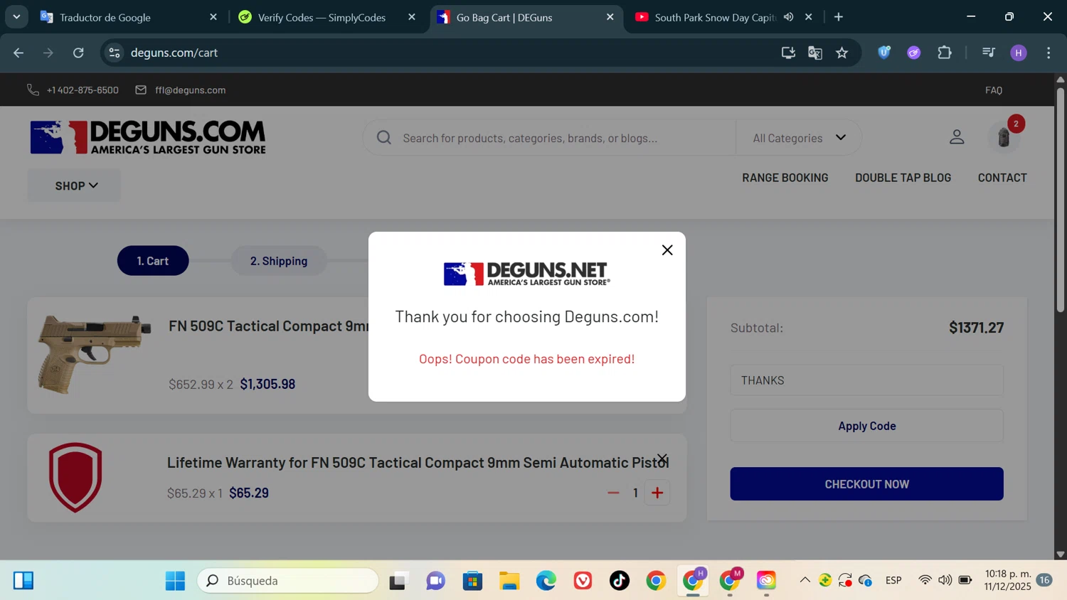 DE Guns promo code screenshot showing code THANKS applied at DE Guns checkout page. Uploaded by SimplyCodes community member Patricioestrella on Dec 12, 2025