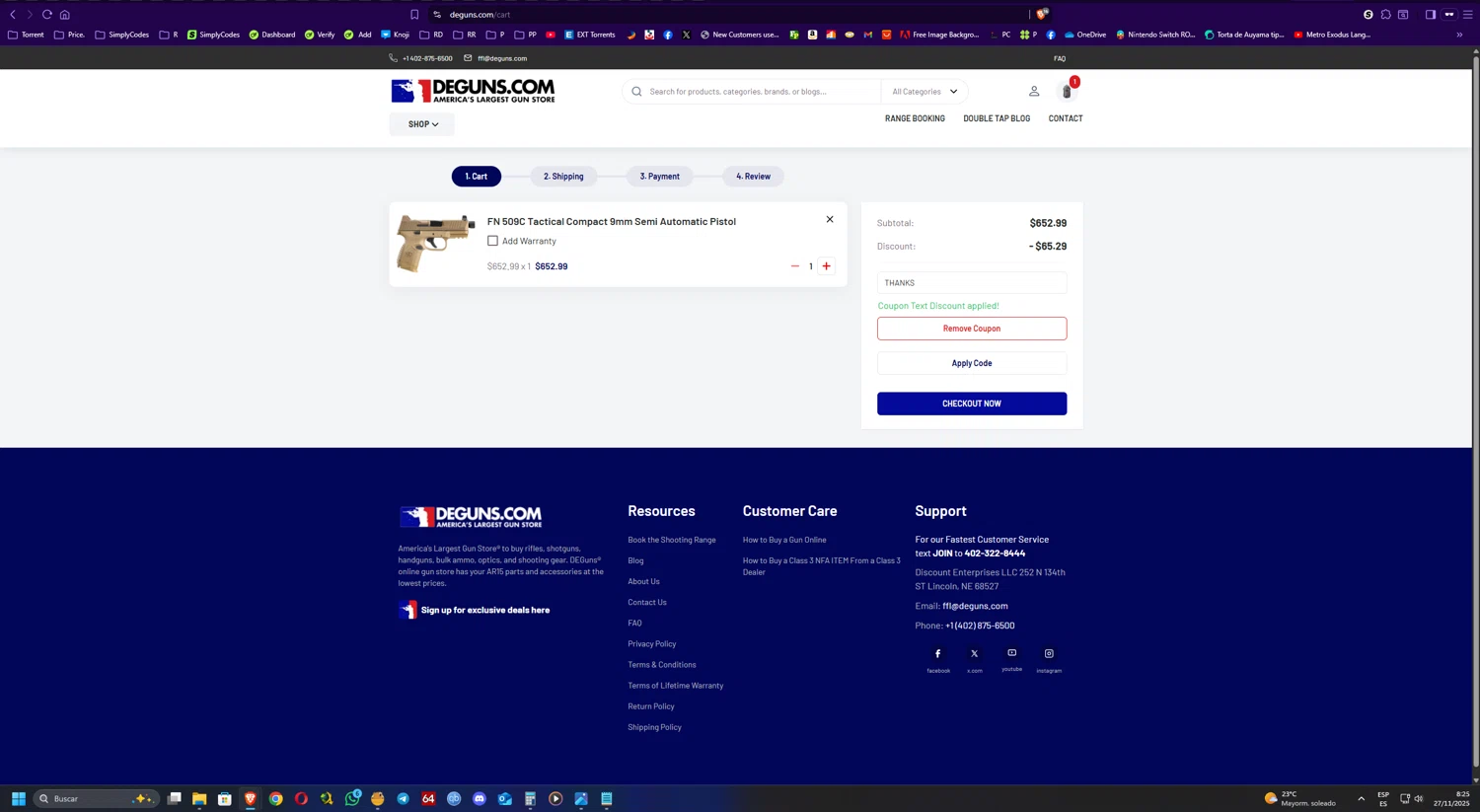 DE Guns promo code screenshot showing code THANKS applied at DE Guns checkout page. Uploaded by SimplyCodes community member UnkNownVnzla on Nov 27, 2025