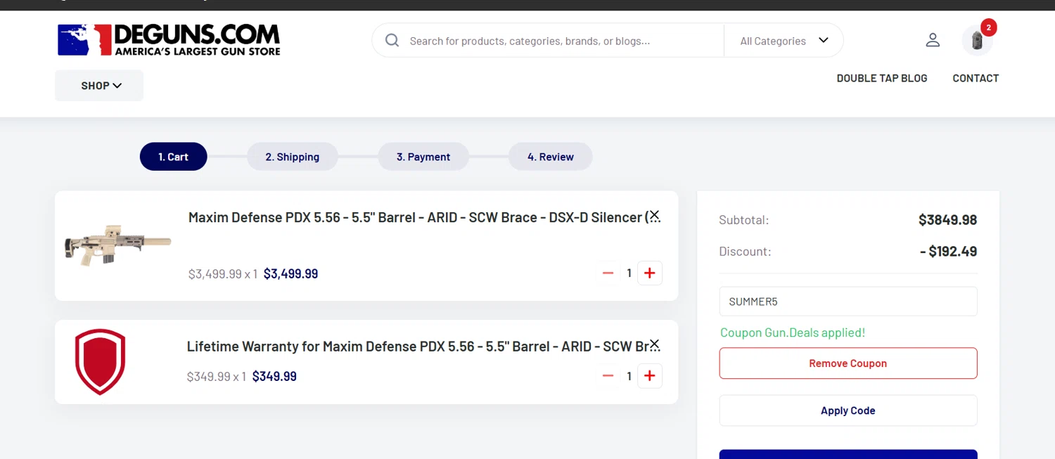 DE Guns promo code screenshot showing code SUMMER5 applied at DE Guns checkout page. Uploaded by SimplyCodes community member Aressss on Jun 27, 2025