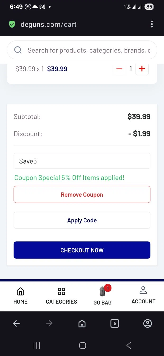DE Guns promo code screenshot showing code Save5 applied at DE Guns checkout page. Uploaded by SimplyCodes community member vida5254427716958 on Sep 1, 2025