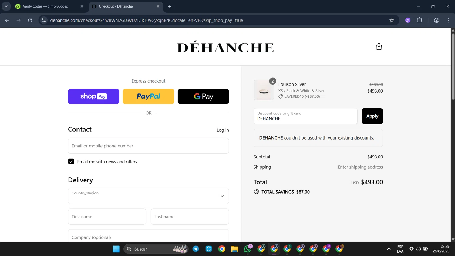 Déhanche promo code screenshot showing code DEHANCHE applied at Déhanche checkout page. Uploaded by SimplyCodes community member CleverFalcon6244 on Aug 27, 2025