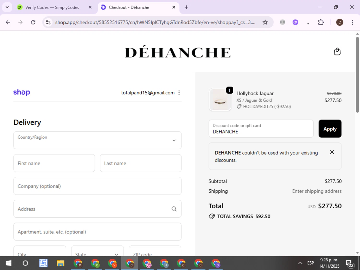 Déhanche promo code screenshot showing code DEHANCHE applied at Déhanche checkout page. Uploaded by SimplyCodes community member ExtraordinaryPro8536 on Nov 15, 2025