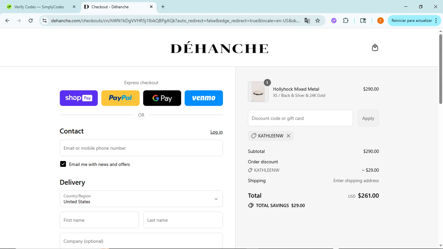 Déhanche promo code screenshot showing code KATHLEENW applied at Déhanche checkout page. Uploaded by SimplyCodes community member BudgetFox5491 on Aug 13, 2025