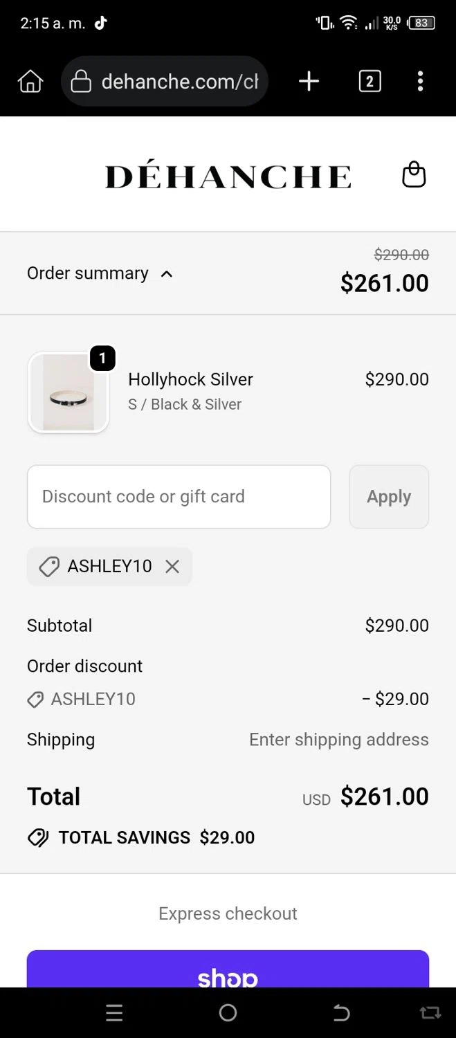 Déhanche promo code screenshot showing code ASHLEY10 applied at Déhanche checkout page. Uploaded by SimplyCodes community member CleverSleuth6613 on Sep 21, 2025