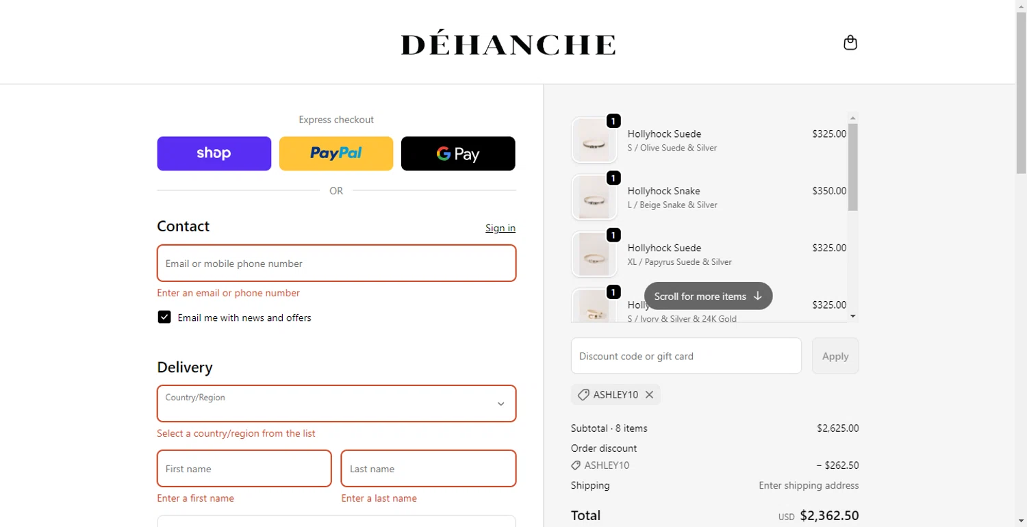 Déhanche promo code screenshot showing code ASHLEY10 applied at Déhanche checkout page. Uploaded by SimplyCodes community member LlonardoLotes on Oct 27, 2025