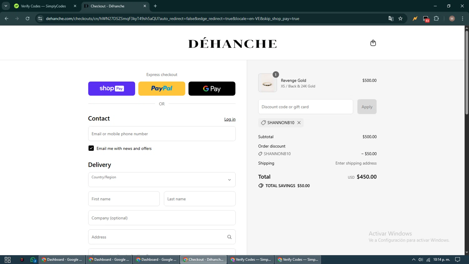 Déhanche promo code screenshot showing code SHANNONB10 applied at Déhanche checkout page. Uploaded by SimplyCodes community member DiscountTitan4635 on Aug 23, 2025