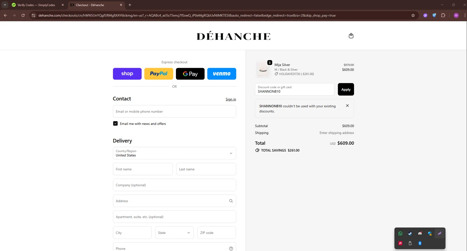 Déhanche promo code screenshot showing code SHANNONB10 applied at Déhanche checkout page. Uploaded by SimplyCodes community member PennyWizard1195 on Nov 20, 2025