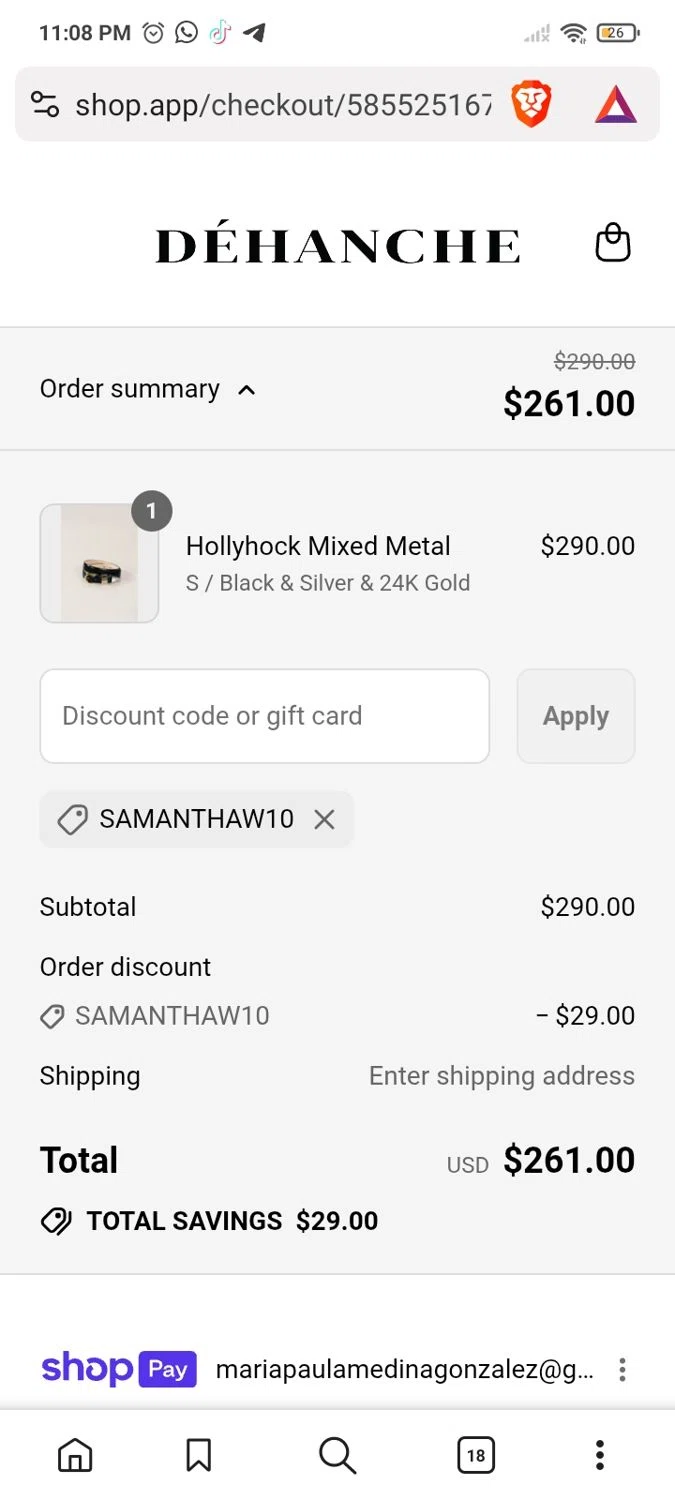Déhanche promo code screenshot showing code samanthaw10 applied at Déhanche checkout page. Uploaded by SimplyCodes community member Yarialmys2020 on Aug 27, 2025