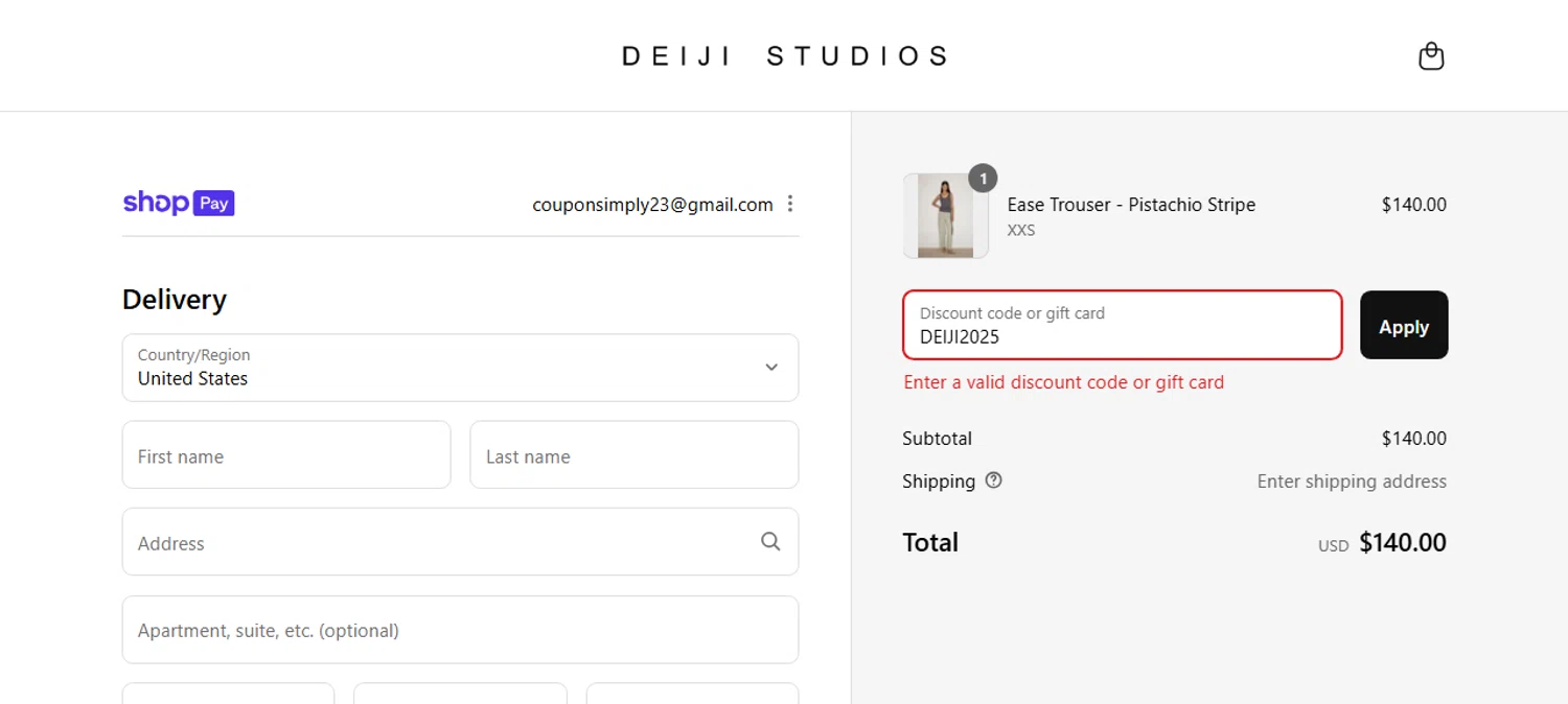Deiji Studios discount code screenshot showing code DEIJI2025 applied at Deiji Studios checkout page. Uploaded by SimplyCodes community member CarmenAyuth on Aug 18, 2025
