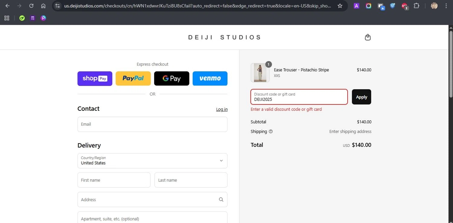 Deiji Studios discount code screenshot showing code DEIJI2025 applied at Deiji Studios checkout page. Uploaded by SimplyCodes community member ROCKSORD_2 on Aug 19, 2025