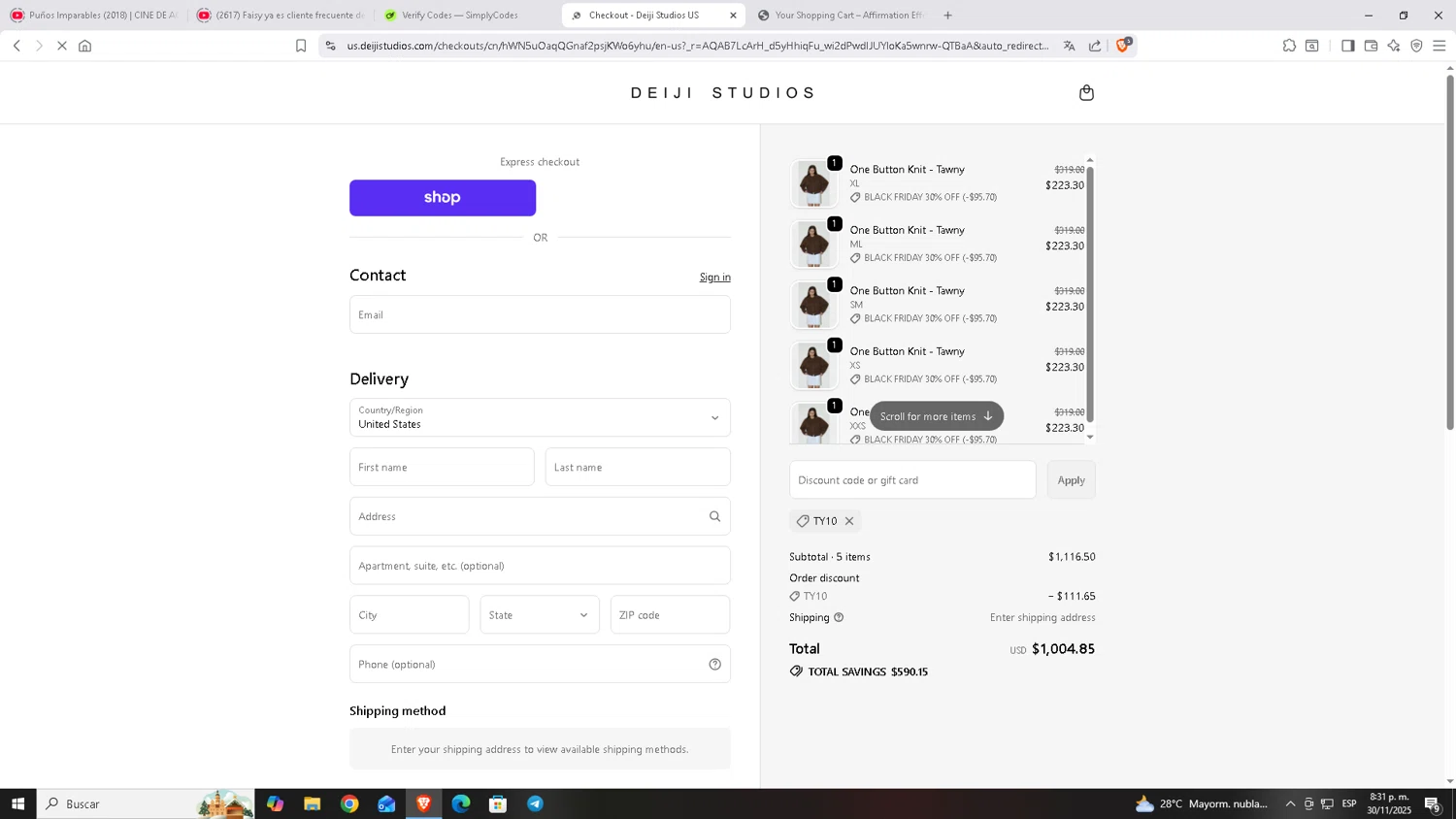 Deiji Studios discount code screenshot showing code TY10 applied at Deiji Studios checkout page. Uploaded by SimplyCodes community member Carloscoder_900457733 on Dec 1, 2025