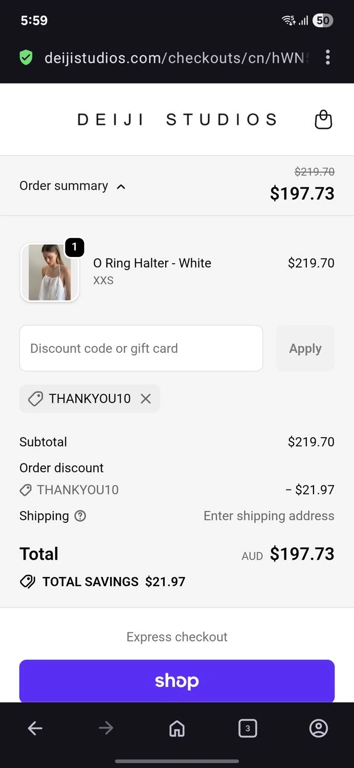 Deiji Studios discount code screenshot showing code Thankyou10 applied at Deiji Studios checkout page. Uploaded by SimplyCodes community member BB9542251456527 on Nov 14, 2025