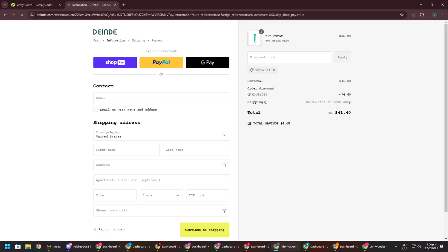DEINDE promo code screenshot showing code HONEYDEI applied at DEINDE checkout page. Uploaded by SimplyCodes community member GloriousPioneer2942 on Feb 23, 2025