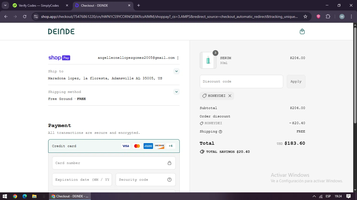 DEINDE promo code screenshot showing code HONEYDEI applied at DEINDE checkout page. Uploaded by SimplyCodes community member maraxo on Jul 29, 2025