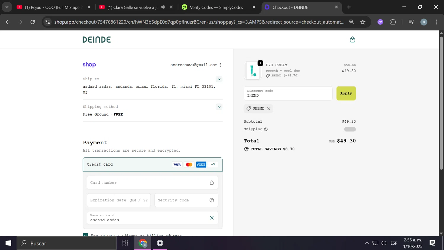 DEINDE promo code screenshot showing code SHEMD applied at DEINDE checkout page. Uploaded by SimplyCodes community member Frizk_1 on Oct 1, 2025