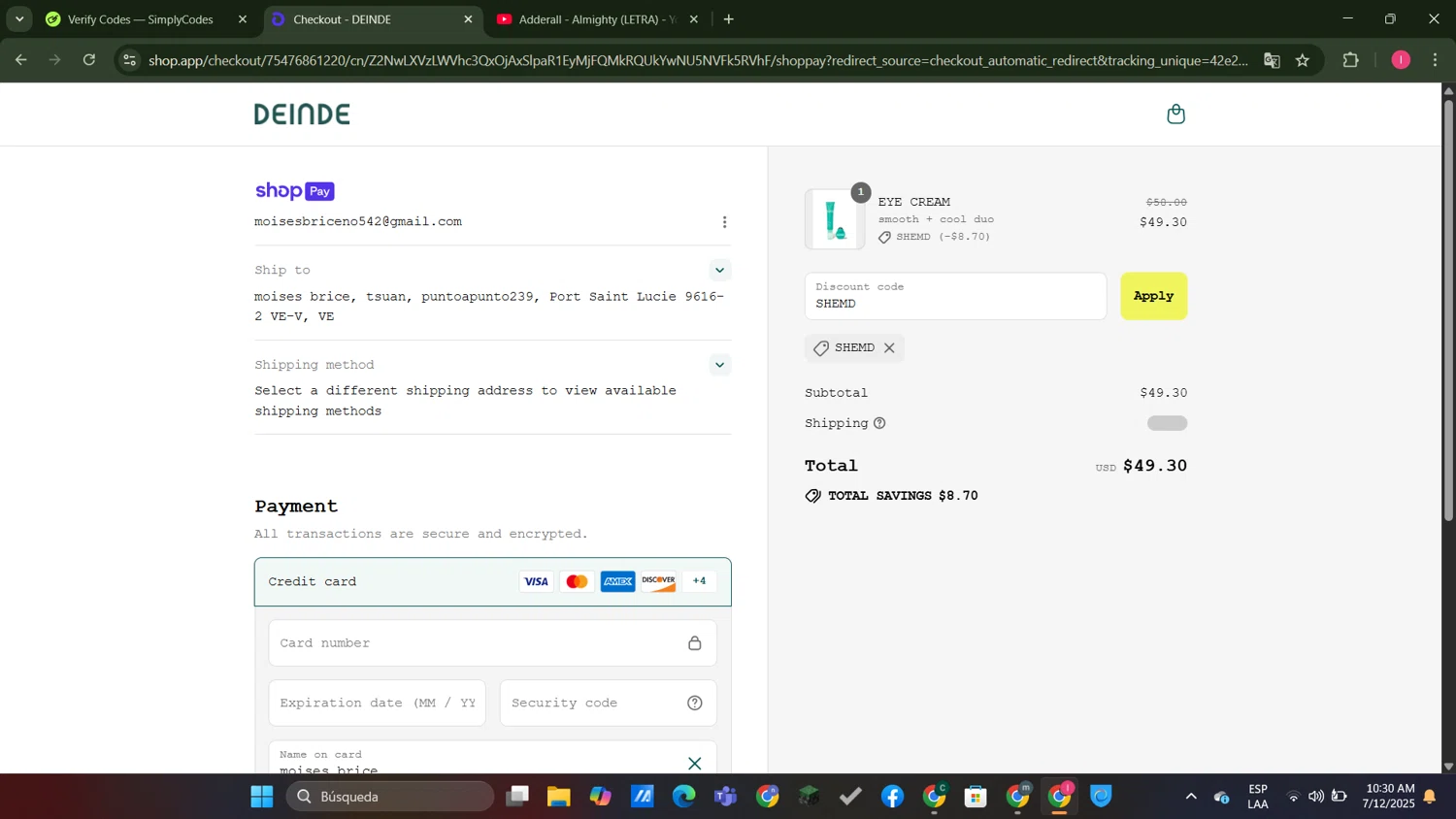 DEINDE promo code screenshot showing code SHEMD applied at DEINDE checkout page. Uploaded by SimplyCodes community member MightyGuardian8404 on Jul 12, 2025