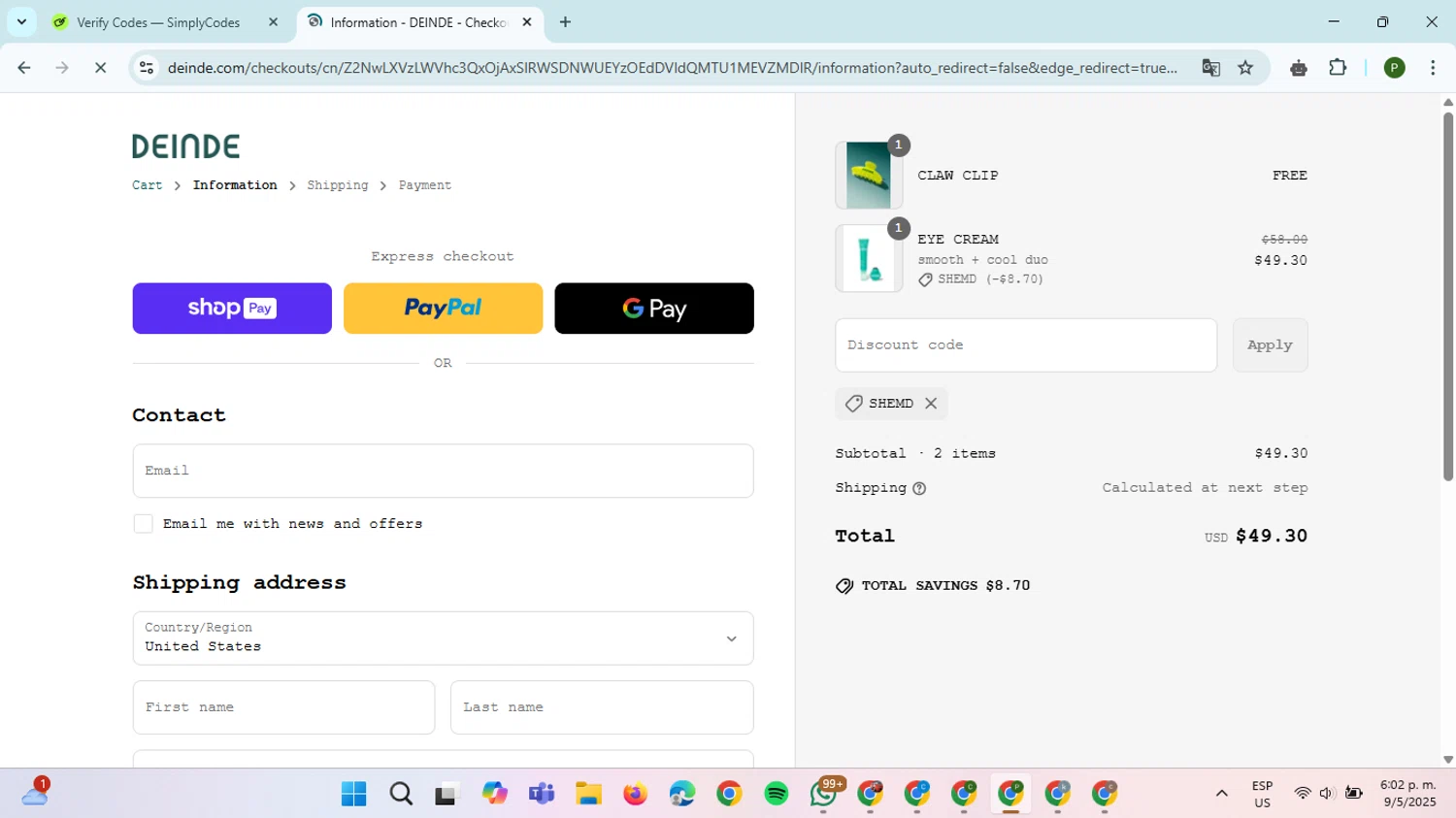 DEINDE promo code screenshot showing code SHEMD applied at DEINDE checkout page. Uploaded by SimplyCodes community member ThriftySpotter5396 on May 9, 2025