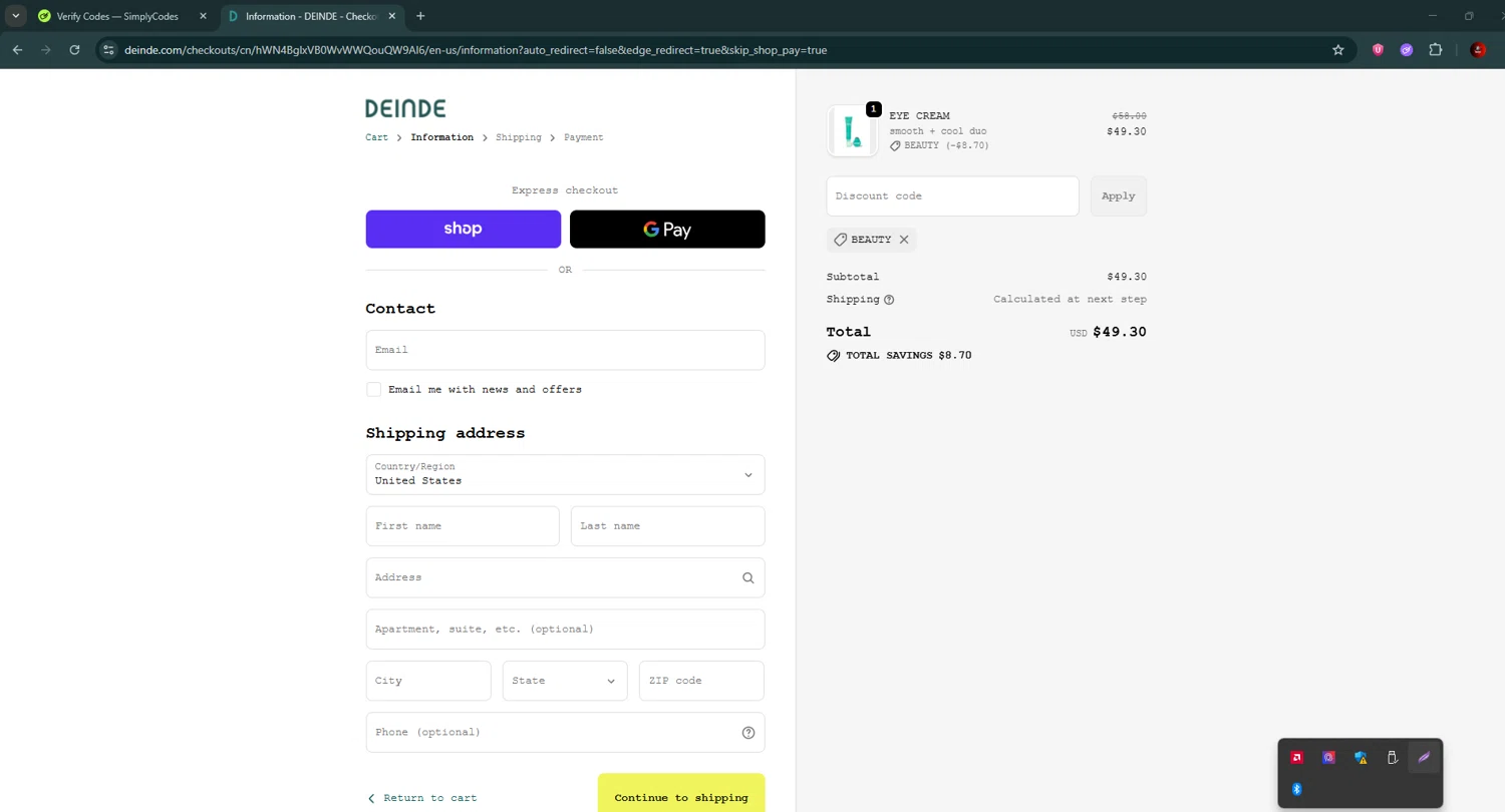 DEINDE promo code screenshot showing code BEAUTY applied at DEINDE checkout page. Uploaded by SimplyCodes community member BrilliantSaver7516 on Oct 16, 2025