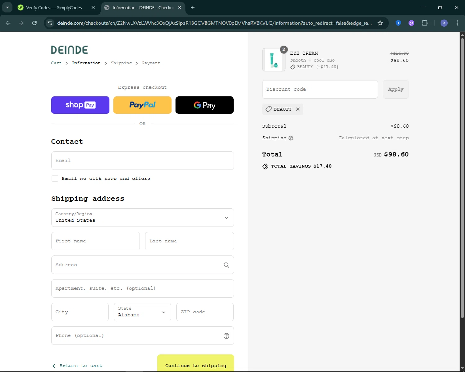 DEINDE promo code screenshot showing code BEAUTY applied at DEINDE checkout page. Uploaded by SimplyCodes community member KevLapage on Jul 12, 2025