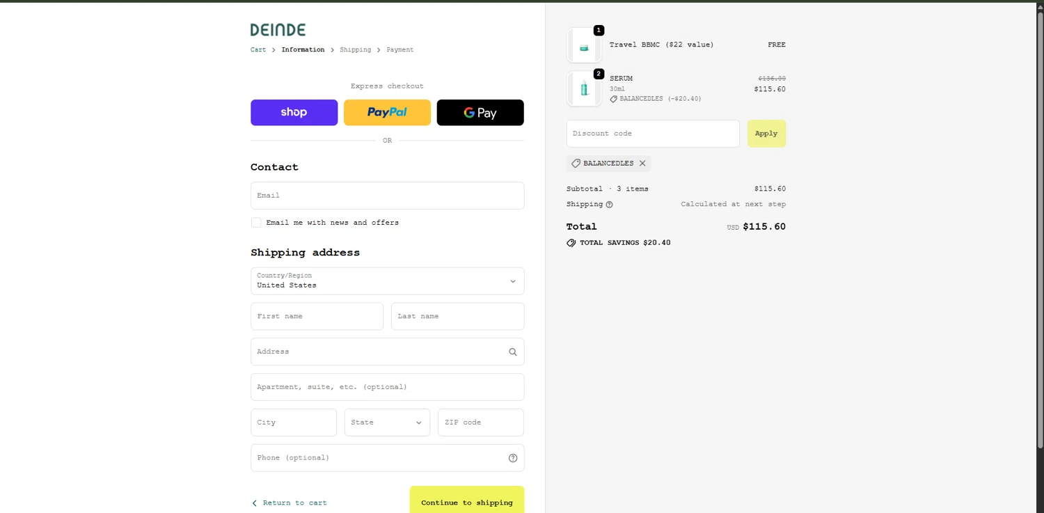 DEINDE promo code screenshot showing code BALANCEDLES applied at DEINDE checkout page. Uploaded by SimplyCodes community member RewardPhoenix3732 on Dec 2, 2025