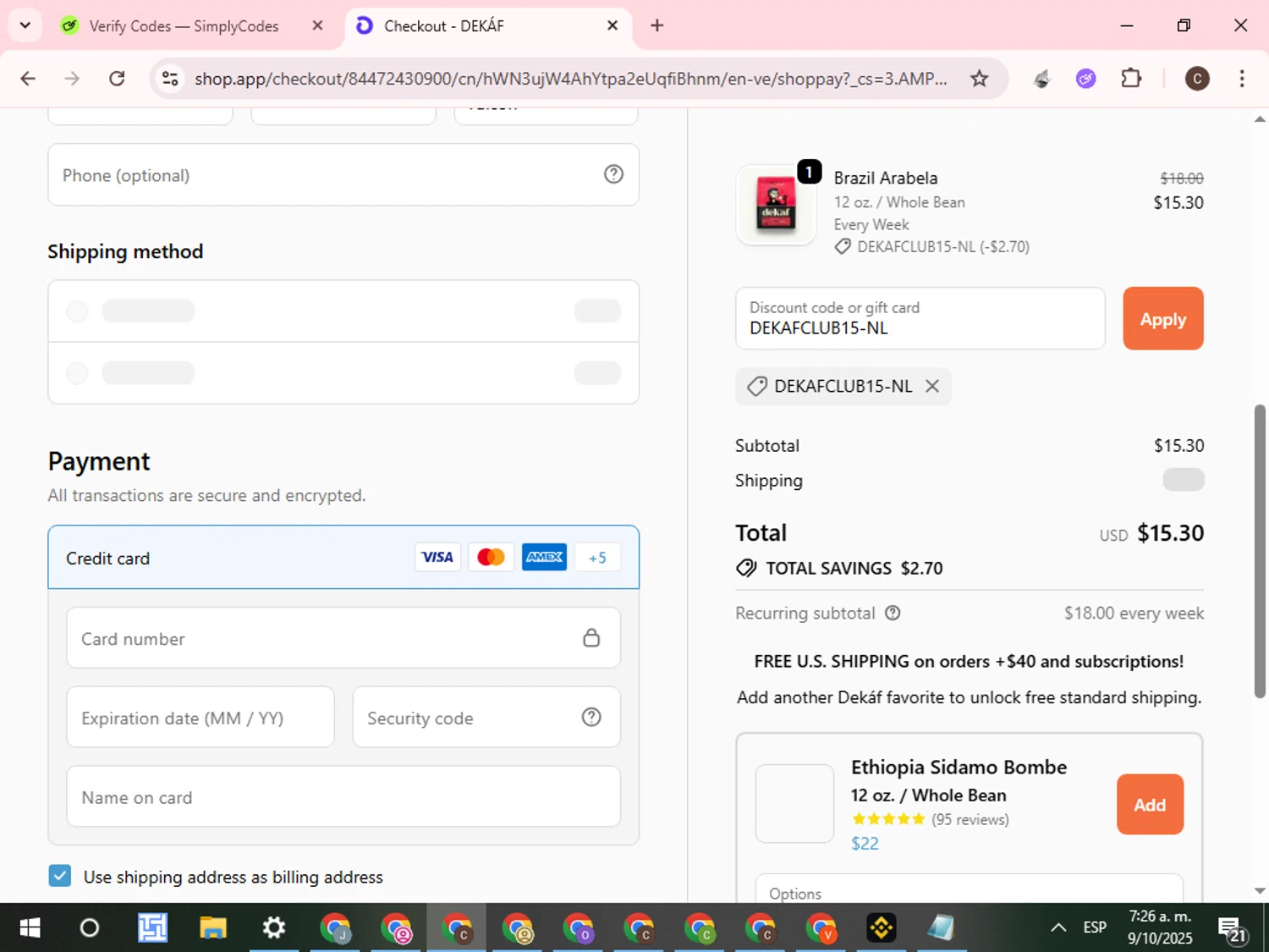 DEKAF promo code screenshot showing code DEKAFCLUB15-NL applied at DEKAF checkout page. Uploaded by SimplyCodes community member WonderCurator7831 on Oct 9, 2025