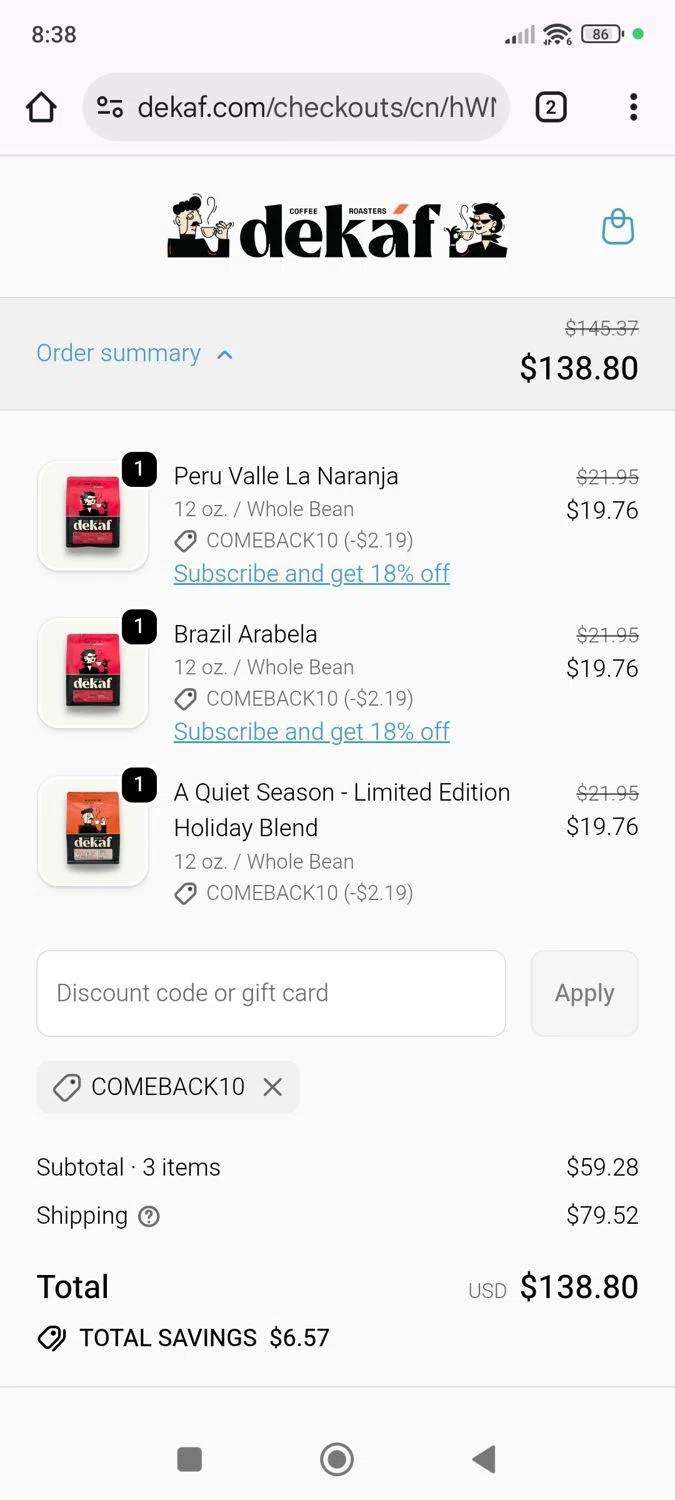 DEKAF checkout page showing DEKAF promo code box | Screenshot taken by SimplyCodes community member on Jan 5, 2026