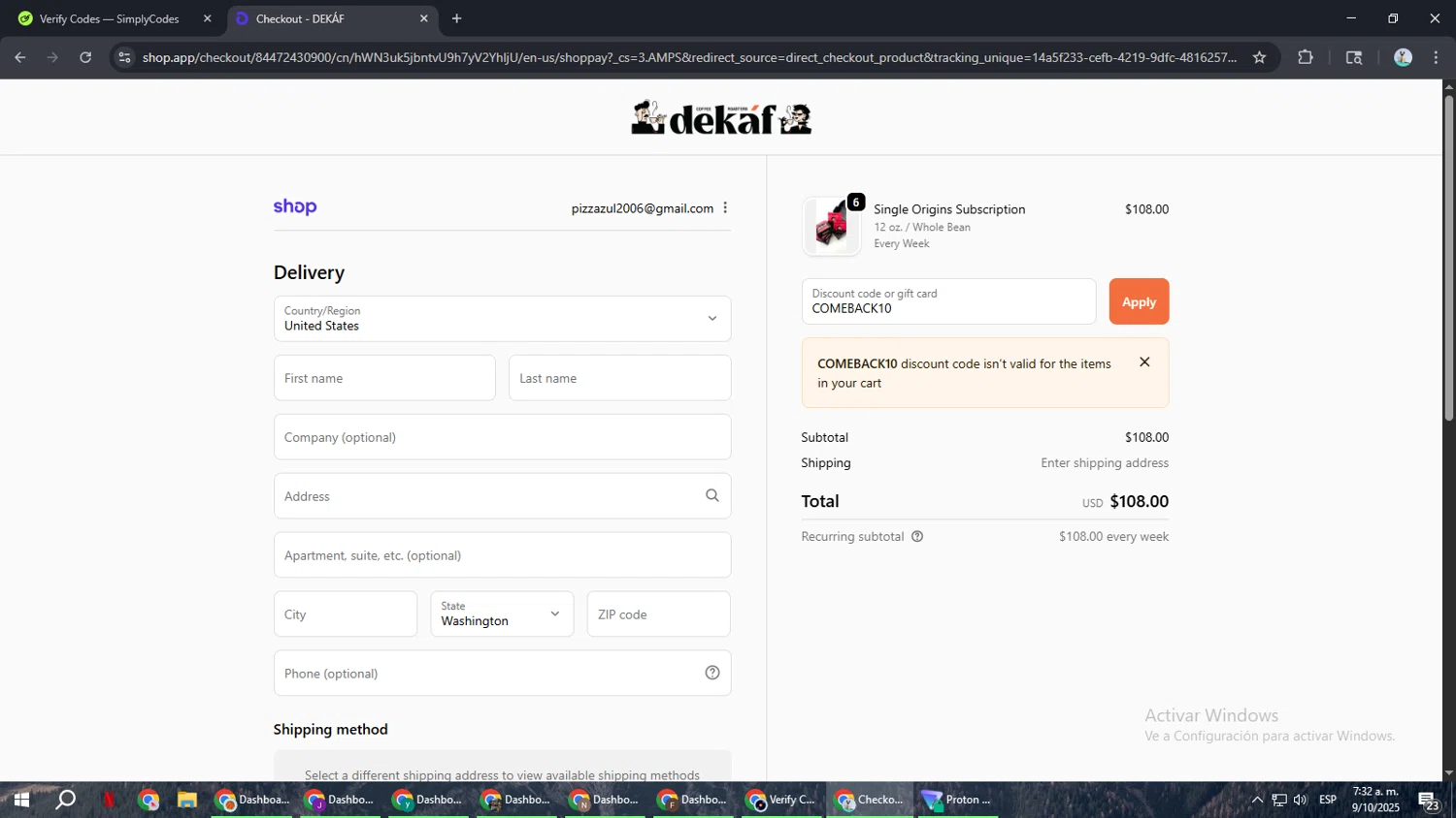 DEKAF promo code screenshot showing code COMEBACK10 applied at DEKAF checkout page. Uploaded by SimplyCodes community member ShrewdSeeker6165 on Oct 9, 2025