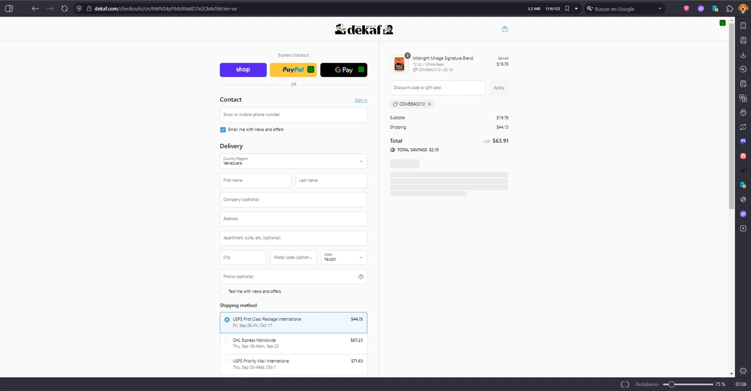 DEKAF promo code screenshot showing code COMEBACK10 applied at DEKAF checkout page. Uploaded by SimplyCodes community member MRDEAL on Sep 17, 2025