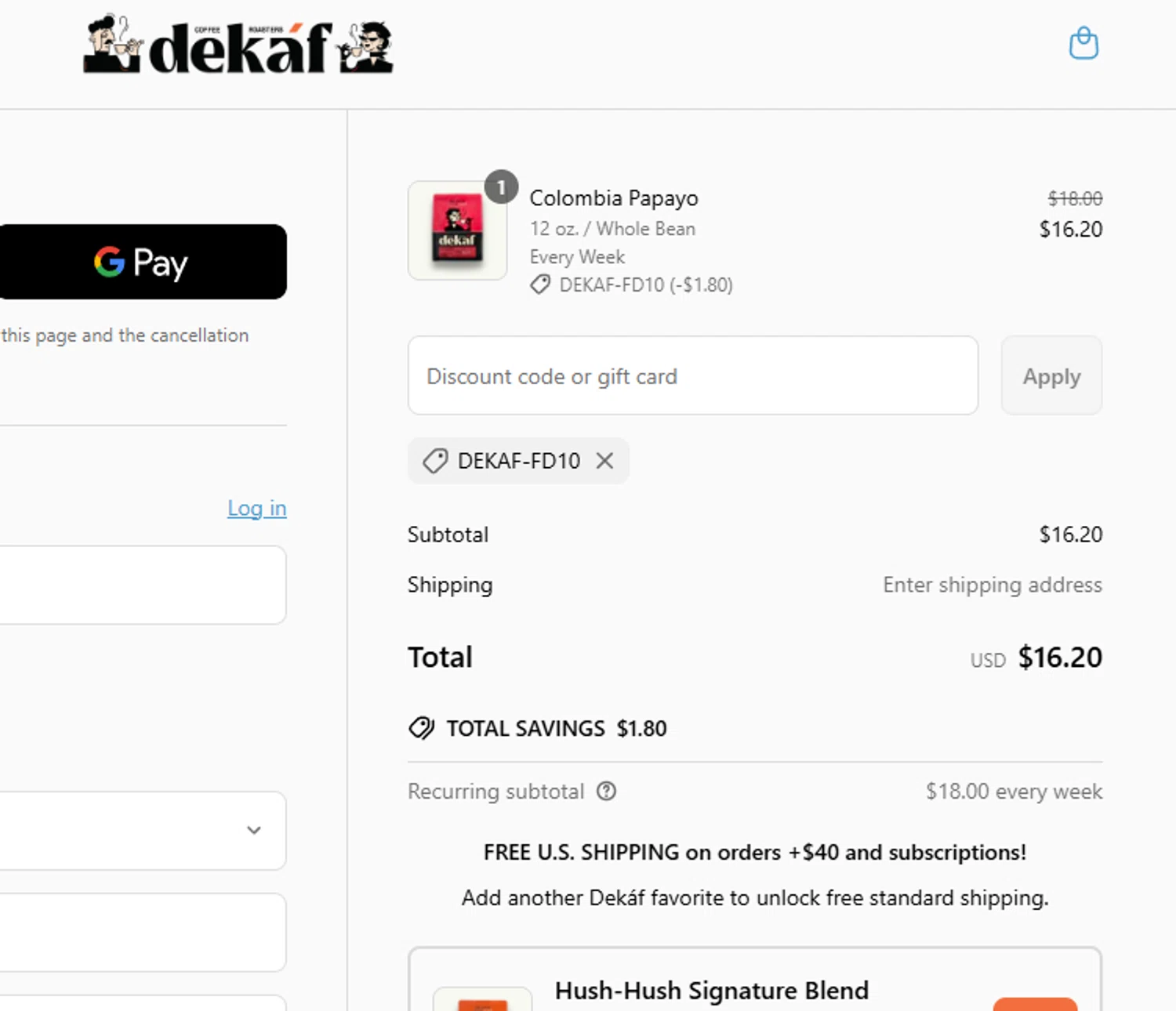 DEKAF promo code screenshot showing code DEKAF-FD10 applied at DEKAF checkout page. Uploaded by SimplyCodes community member aumentadax10 on Jun 8, 2025
