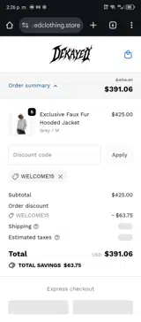 WELCOME15 coupon verification screenshot