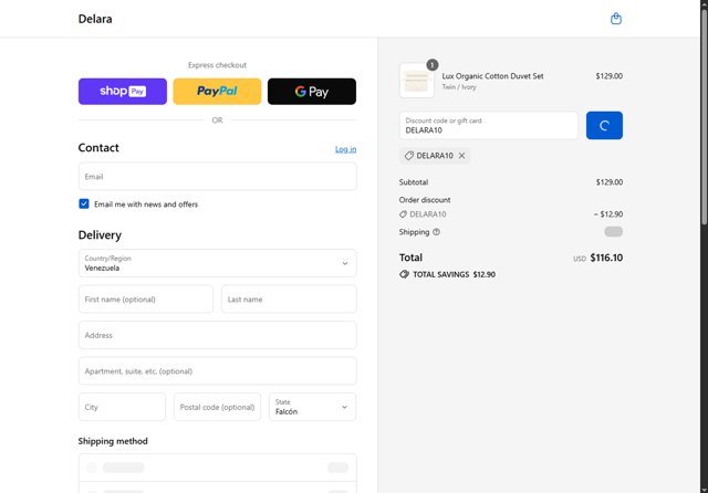 DelaraHome checkout page showing DelaraHome promo code box | Screenshot taken by SimplyCodes community member on Aug 27, 2025