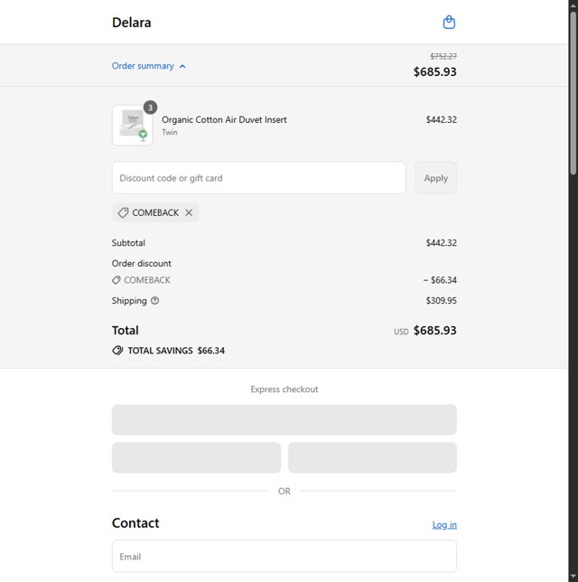 DelaraHome checkout page showing DelaraHome promo code box | Screenshot taken by SimplyCodes community member on Aug 31, 2025