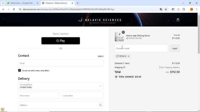 Delavie Sciences checkout page showing Delavie Sciences discount code box | Screenshot taken by SimplyCodes community member on Sep 14, 2024