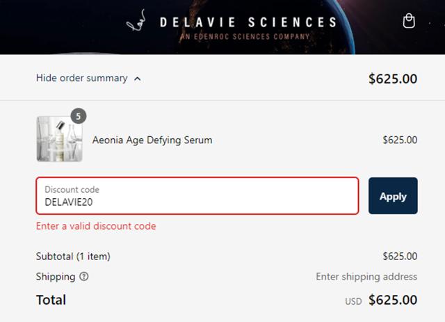 Delavie Sciences checkout page showing Delavie Sciences discount code box | Screenshot taken by SimplyCodes community member on Sep 14, 2024