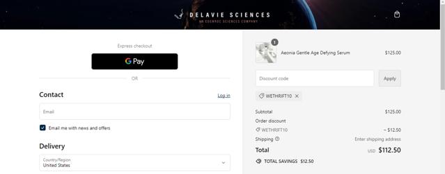 Delavie Sciences checkout page showing Delavie Sciences discount code box | Screenshot taken by SimplyCodes community member on Aug 6, 2024