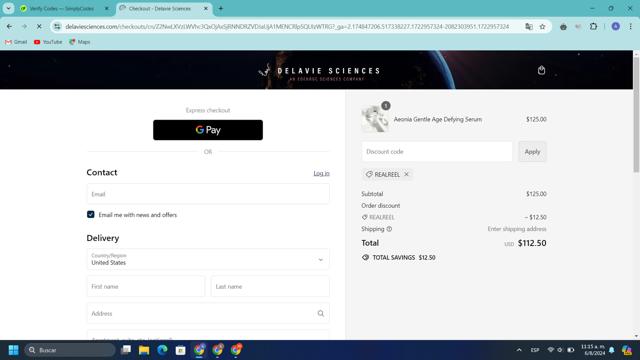 Delavie Sciences checkout page showing Delavie Sciences discount code box | Screenshot taken by SimplyCodes community member on Aug 6, 2024