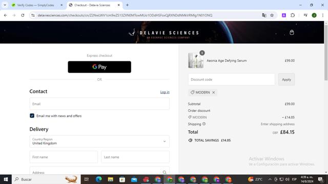 Delavie Sciences checkout page showing Delavie Sciences discount code box | Screenshot taken by SimplyCodes community member on Aug 14, 2024