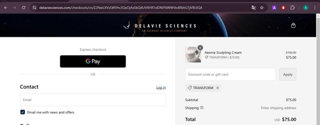 Delavie Sciences checkout page showing Delavie Sciences discount code box | Screenshot taken by SimplyCodes community member on Nov 22, 2024