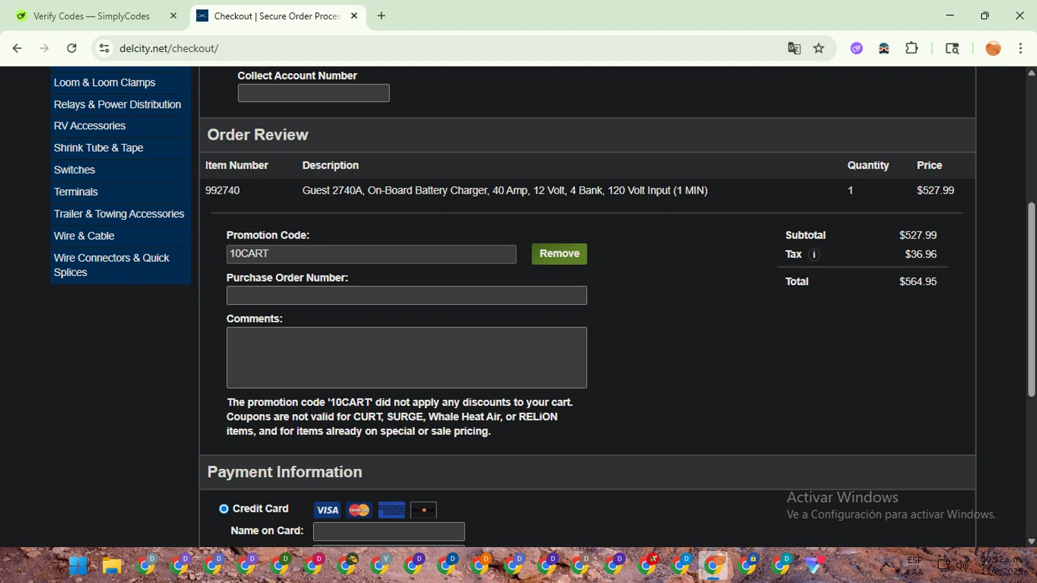 Del City checkout page showing Del City promo code box | Screenshot taken by SimplyCodes community member on Aug 13, 2025