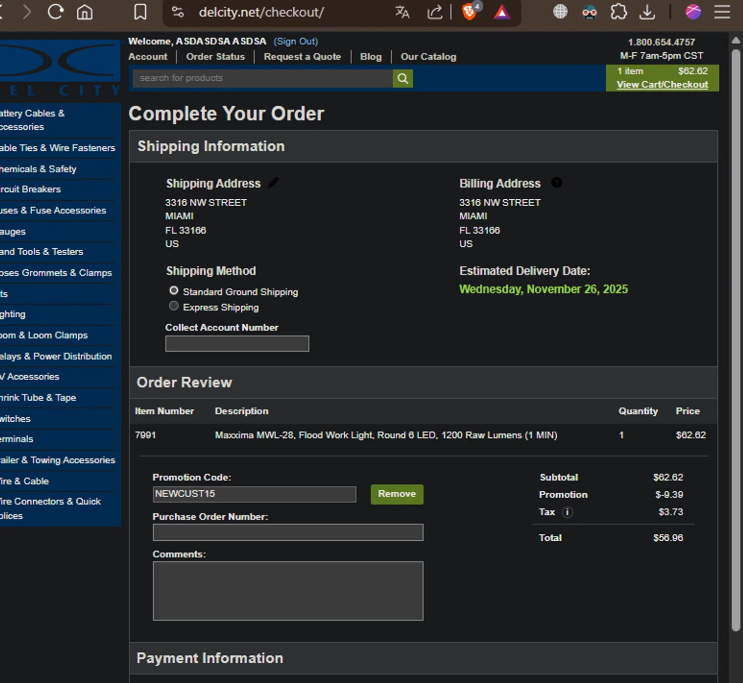Del City promo code screenshot showing code NEWCUST15 applied at Del City checkout page. Uploaded by SimplyCodes community member SpiderGwen on Nov 20, 2025