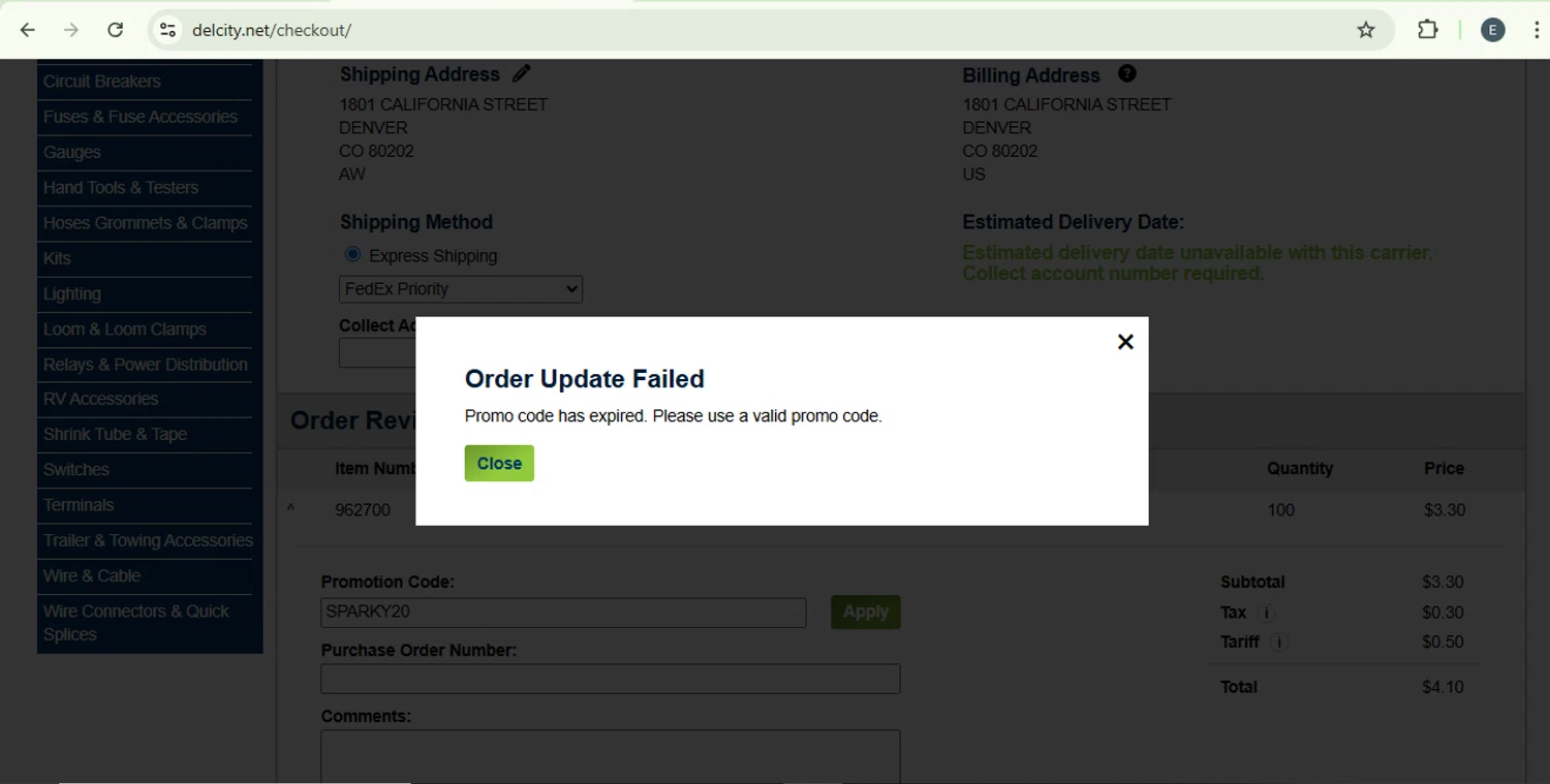Del City promo code screenshot showing code SPARKY20 applied at Del City checkout page. Uploaded by SimplyCodes community member SilverKnight4465 on Oct 8, 2025