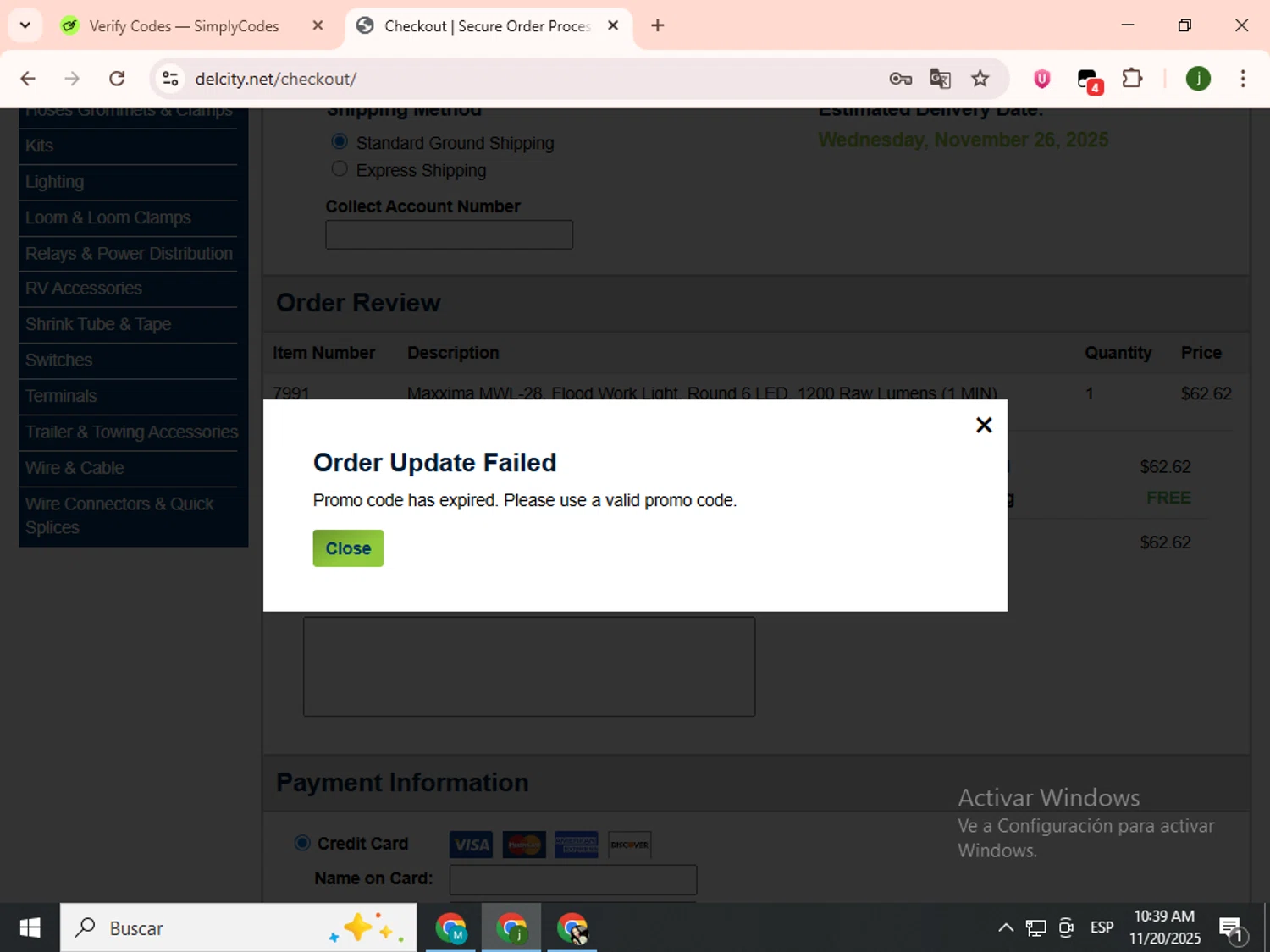 Del City promo code screenshot showing code MONSTER20 applied at Del City checkout page. Uploaded by SimplyCodes community member SavingsCollector2592 on Nov 20, 2025