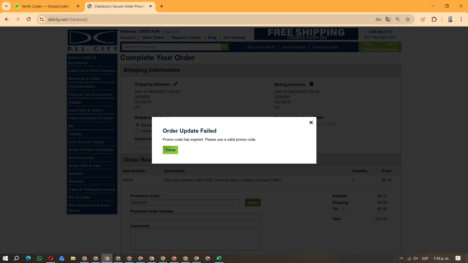 Del City promo code screenshot showing code Gather20 applied at Del City checkout page. Uploaded by SimplyCodes community member ManuelF on Nov 30, 2025