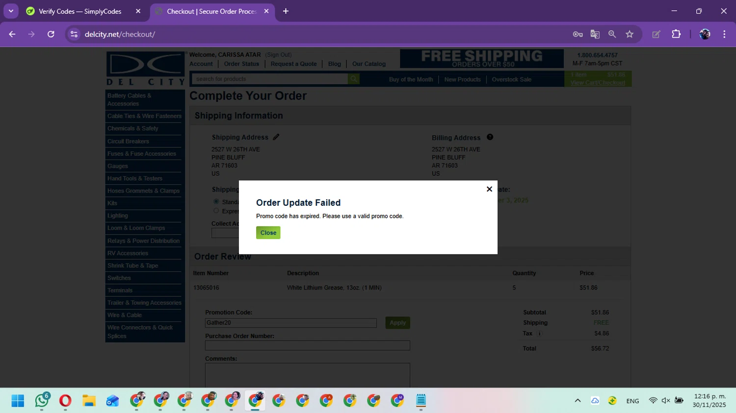 Del City promo code screenshot showing code Gather20 applied at Del City checkout page. Uploaded by SimplyCodes community member Marielis on Nov 30, 2025