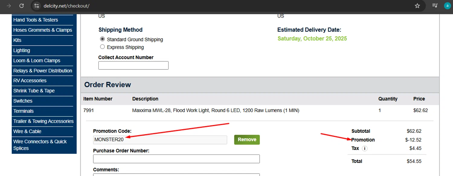 Del City promo code screenshot showing code MONSTER20 applied at Del City checkout page. Uploaded by SimplyCodes community member argenygalvez on Oct 22, 2025