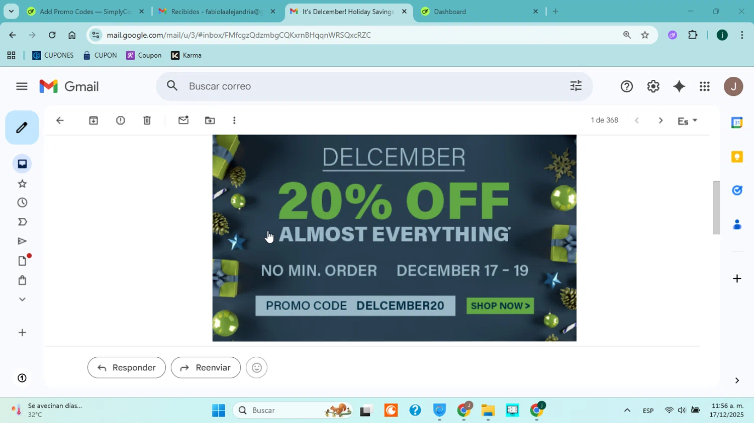 Del City promo code screenshot showing code DELCEMBER20 applied at Del City checkout page. Uploaded by SimplyCodes community member jorgejavierherrera on Dec 17, 2025
