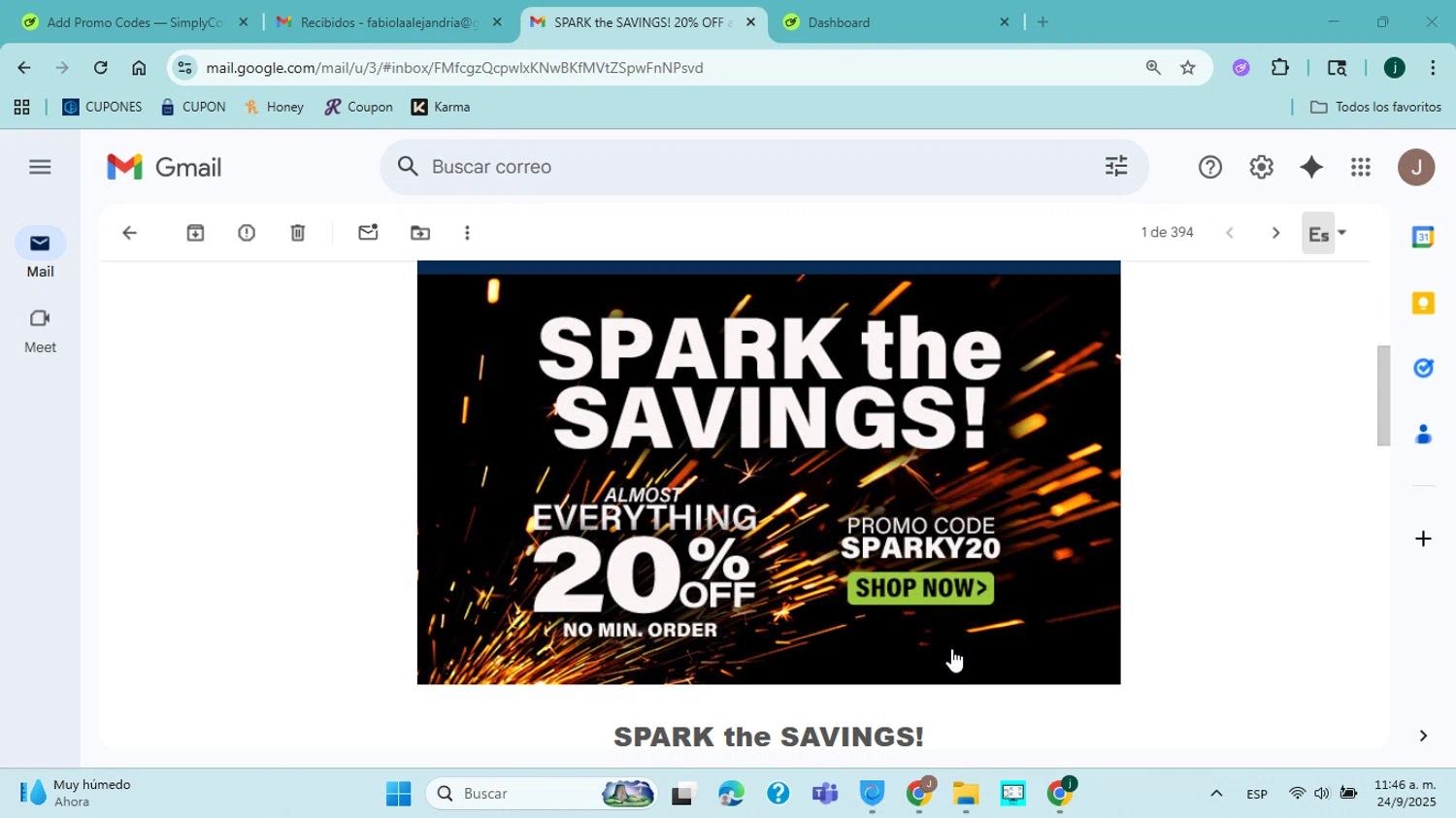 Del City promo code screenshot showing code SPARKY20 applied at Del City checkout page. Uploaded by SimplyCodes community member jorgejavierherrera on Sep 24, 2025